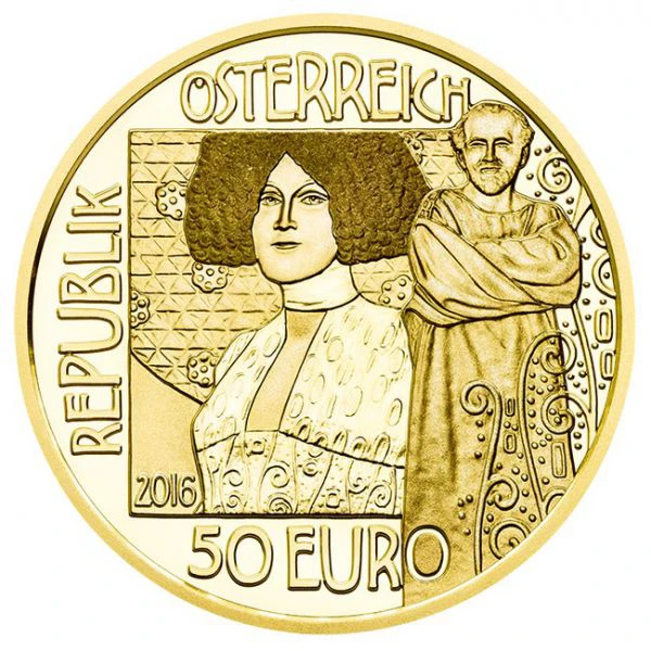 Gustav Klimt - Polibek, zlatá mince 