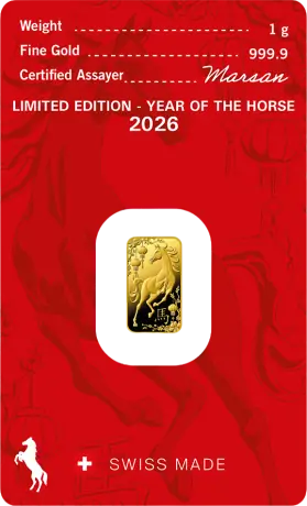 Zlatý slitek Argor Heraeus - Rok koně 2026, 1 g 