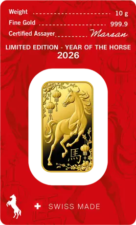 Zlatý slitek Argor Heraeus - Rok koně 2026, 10 g