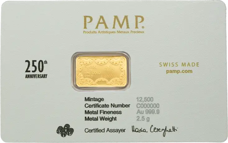 Zlatý slitek PAMP - 250. výročí založení USA - retro styl, heraldický orel bělohlavý; 2,5 g