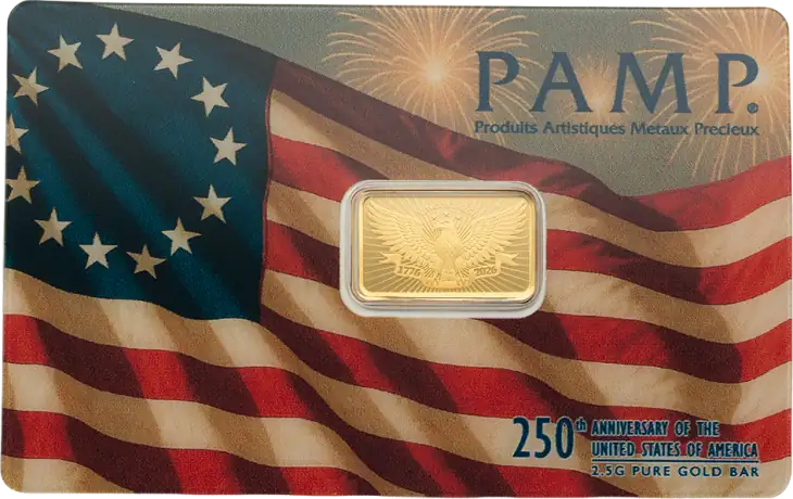 Zlatý slitek PAMP - 250. výročí založení USA - retro styl, heraldický orel bělohlavý; 2,5 g