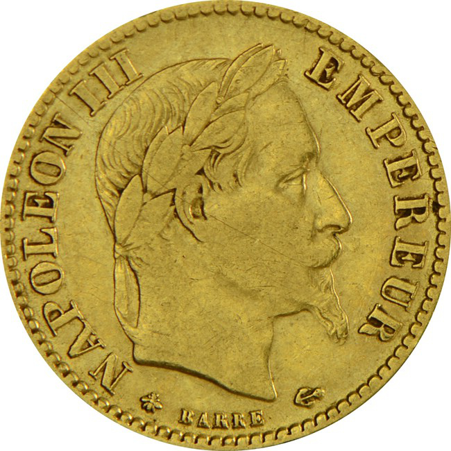 Zlatá mince 10 franků Napoléon III (s vavřínovým věncem) - různé roky, Francie,  