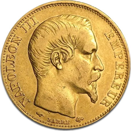 Zlatá mince 20&nbsp;franků Napoléon III (bez věnce) - různé roky, Francie